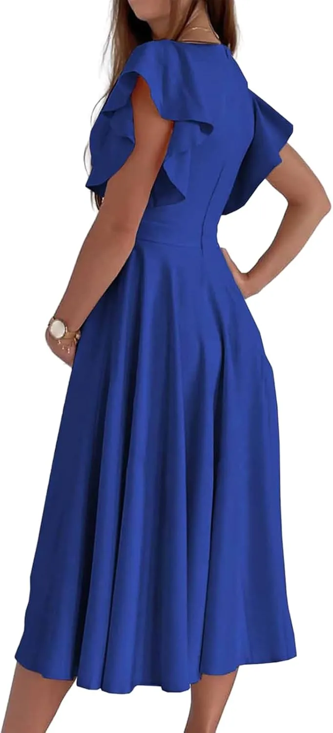 Maxi Dress for Women Sexy Ruffle Short Sleeve V Neck Dresses Casual Solid Color Pleated Tummy Control Beach Sundress