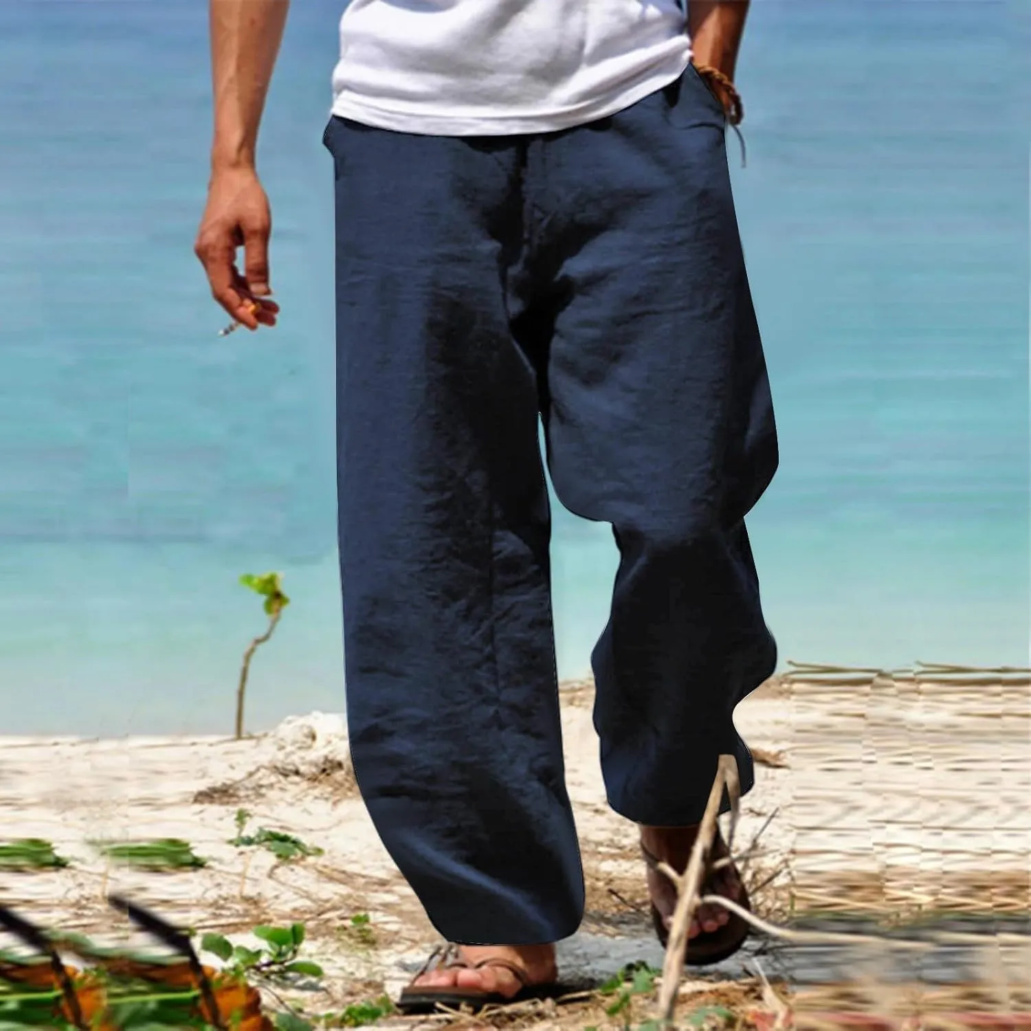 Mens Cotton Linen Pants Wide Leg Elastic Waist Casual Pants Comfy Loose Lightweight Trousers with Pockets