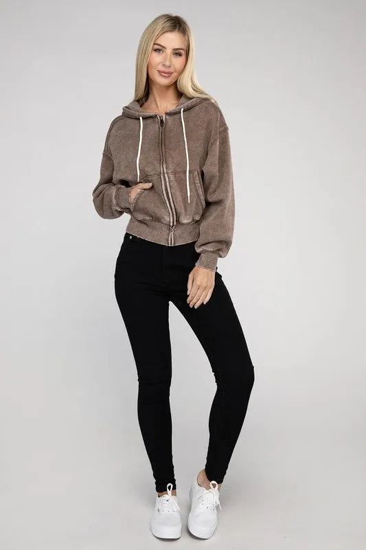 Orange Acid Wash Fleece Cropped Zip-Up Hoodie