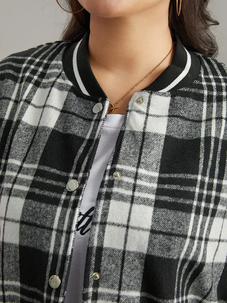 Plaid Button Through Pocket Baseball Collar Bomber Jacket