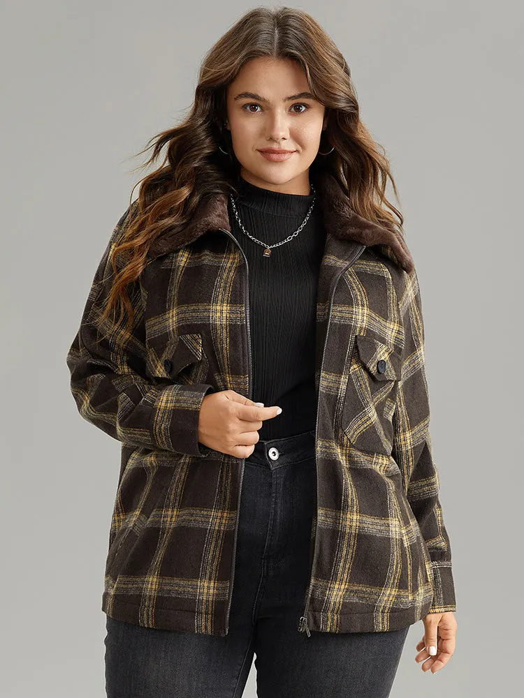 Plaid Patchwork Fuzzy Trim Zipper Fly Coat