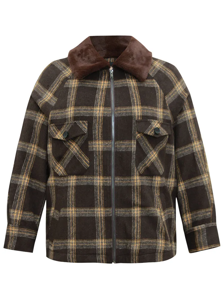 Plaid Patchwork Fuzzy Trim Zipper Fly Coat