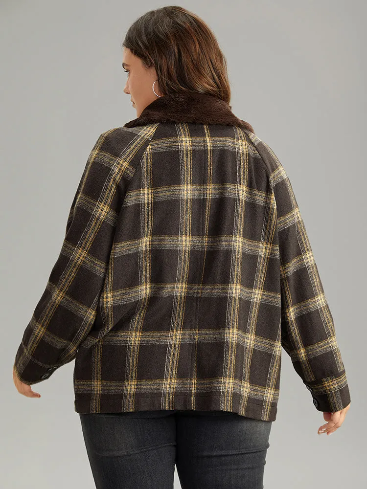 Plaid Patchwork Fuzzy Trim Zipper Fly Coat