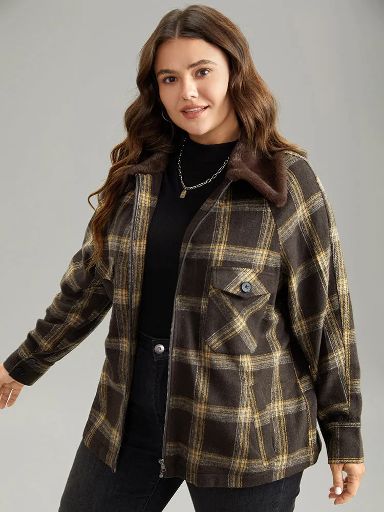 Plaid Patchwork Fuzzy Trim Zipper Fly Coat
