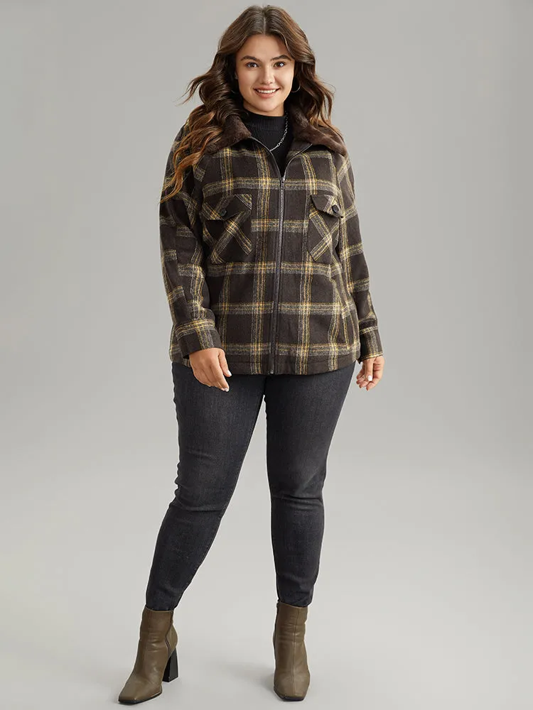 Plaid Patchwork Fuzzy Trim Zipper Fly Coat
