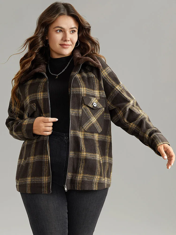 Plaid Patchwork Fuzzy Trim Zipper Fly Coat