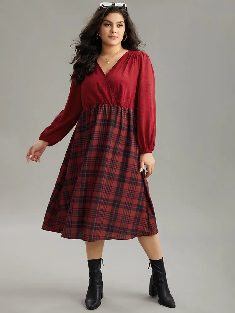 Plaid Patchwork Gathered Lantern Sleeve Dress