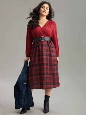 Plaid Patchwork Gathered Lantern Sleeve Dress