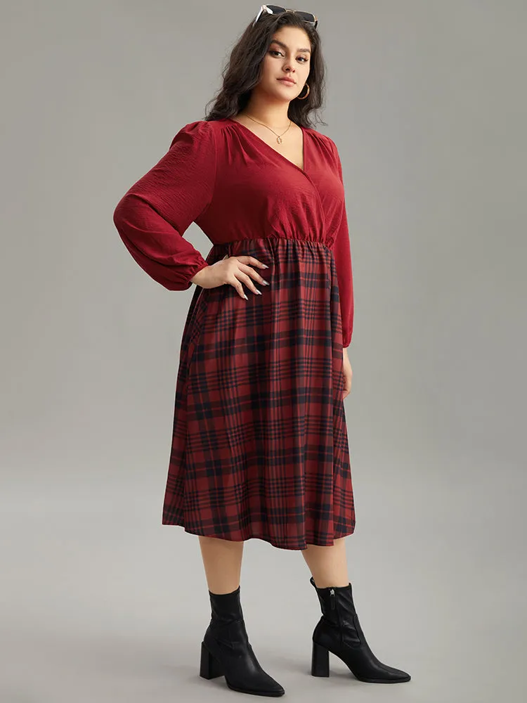 Plaid Patchwork Gathered Lantern Sleeve Dress