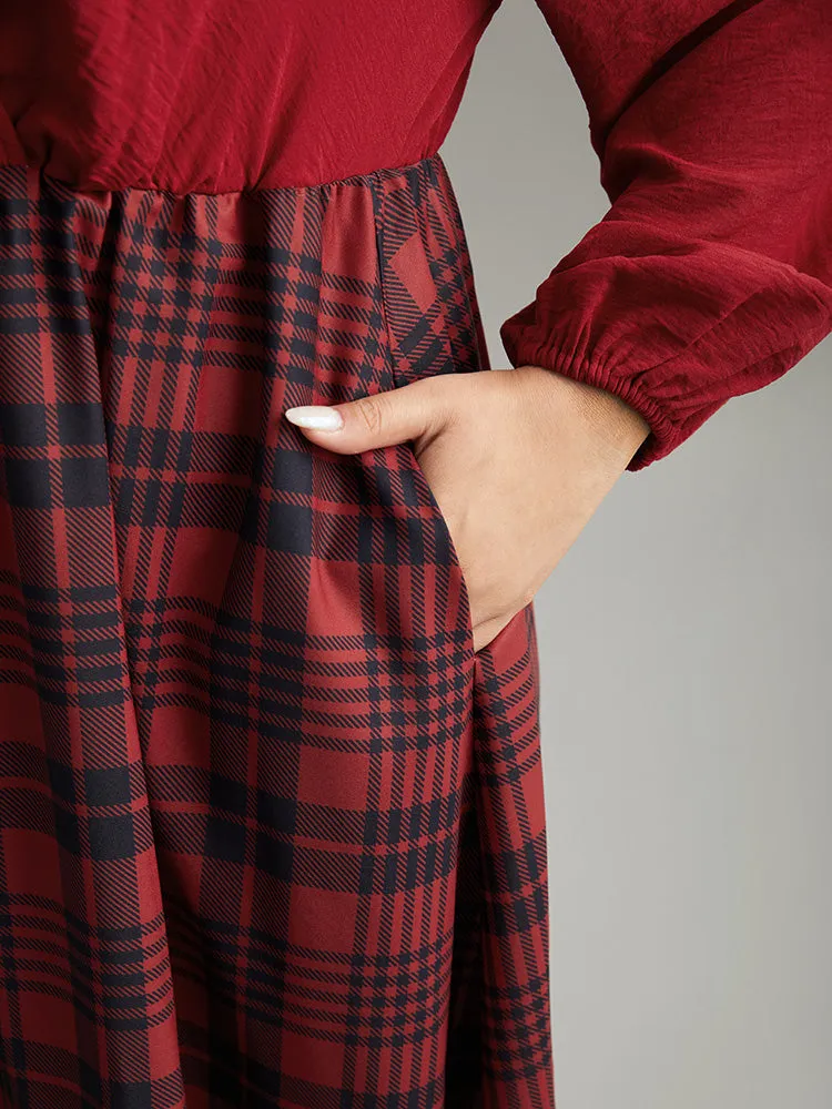 Plaid Patchwork Gathered Lantern Sleeve Dress