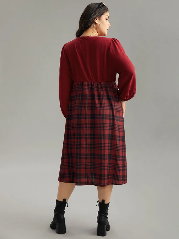 Plaid Patchwork Gathered Lantern Sleeve Dress