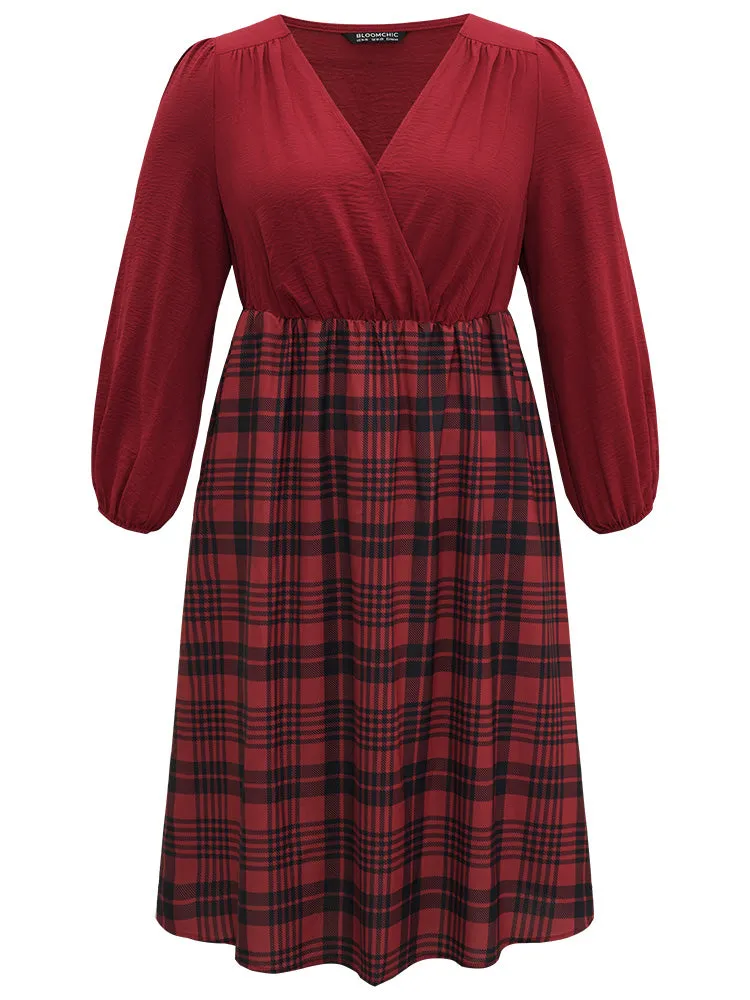 Plaid Patchwork Gathered Lantern Sleeve Dress