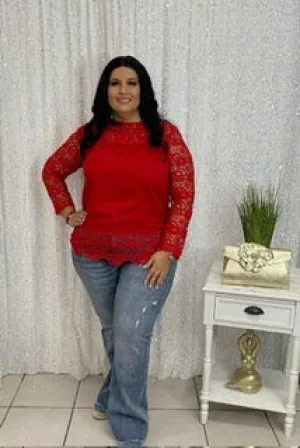 Plus red long sleeves top