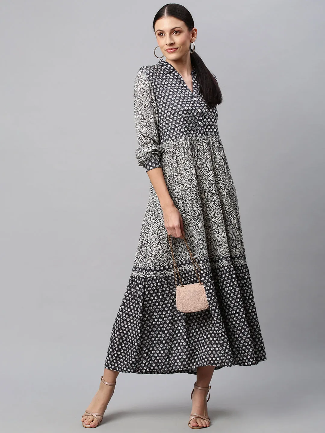 Quilted Basque Mix 'N' Match Printed Crinkle Rayon Tiered Maxi Dress
