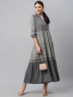 Quilted Basque Mix 'N' Match Printed Crinkle Rayon Tiered Maxi Dress