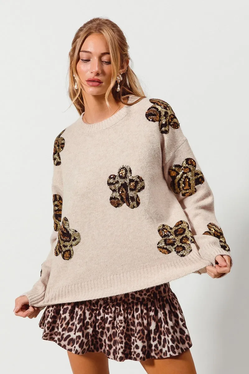 So Me Knit Sweater with Leopard Sequin Flower Patches in Oatmeal