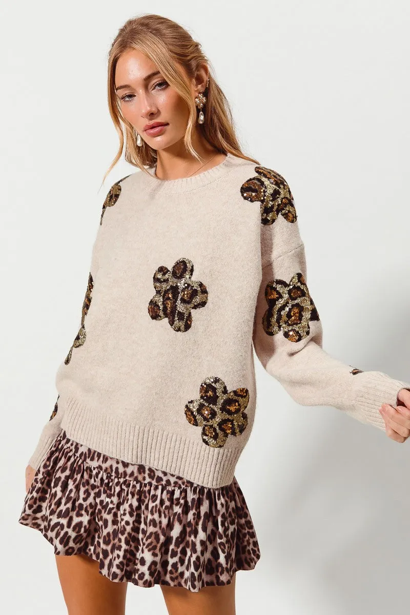So Me Knit Sweater with Leopard Sequin Flower Patches in Oatmeal