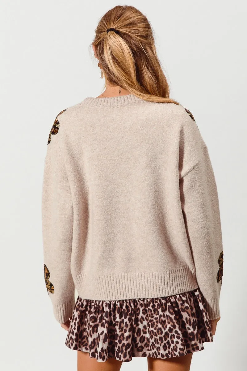So Me Knit Sweater with Leopard Sequin Flower Patches in Oatmeal