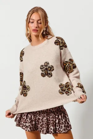 So Me Knit Sweater with Leopard Sequin Flower Patches in Oatmeal