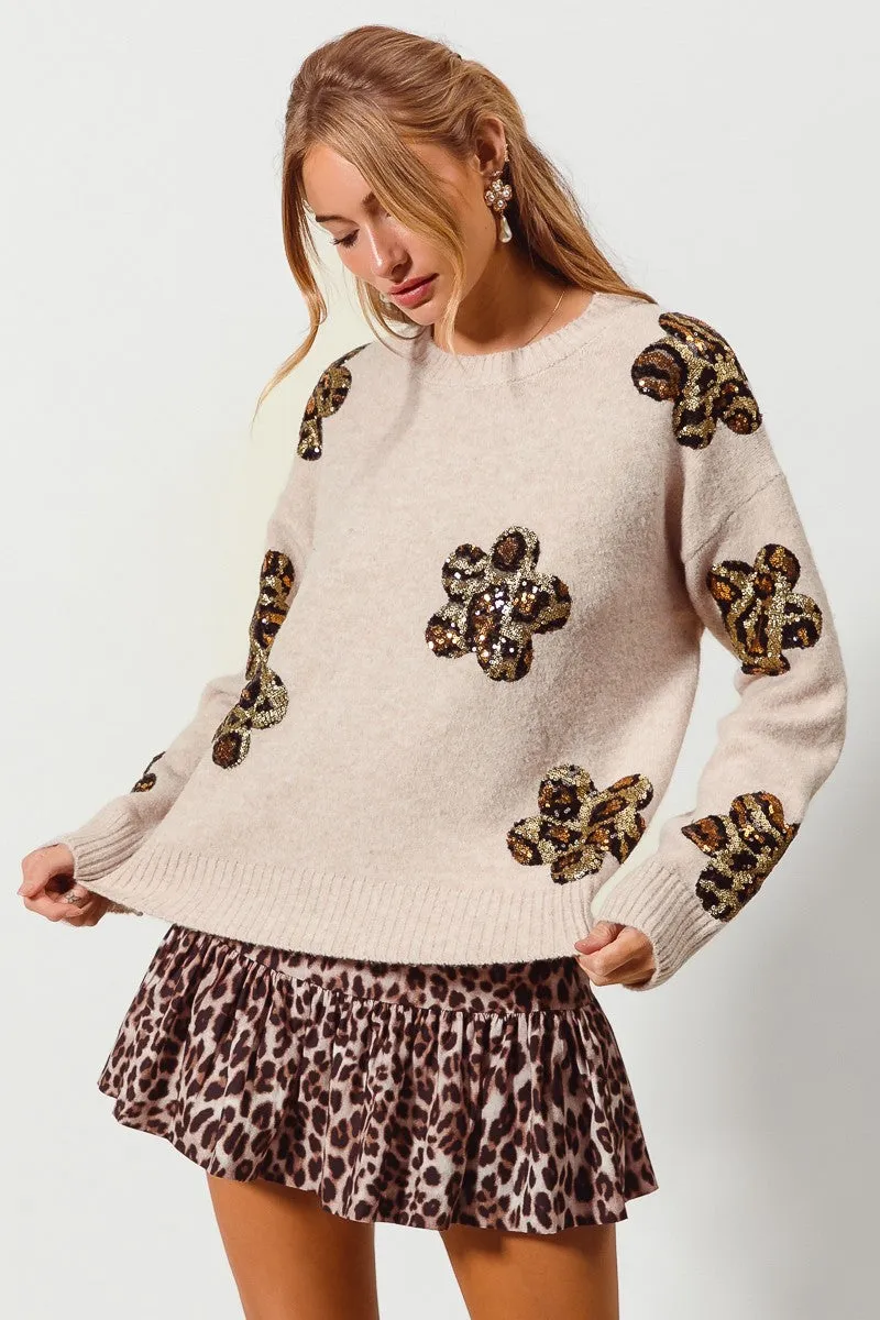 So Me Knit Sweater with Leopard Sequin Flower Patches in Oatmeal