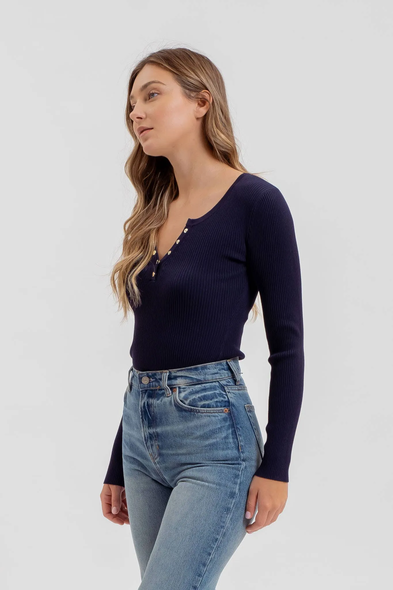 SOLID LONG SLEEVE HENLEY SWEATER KNIT TOP