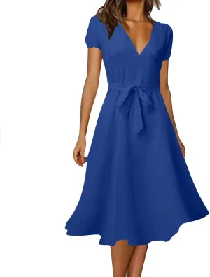 Spring Dresses for Women 2025 Plus Size Wedding Guest Cold Shoulder Wedding Party Solid Wrap Pleated Ruffle Women Short Sleeve Summer Casual Knee Length Midi Swing Dress Women Dress Pants for Work