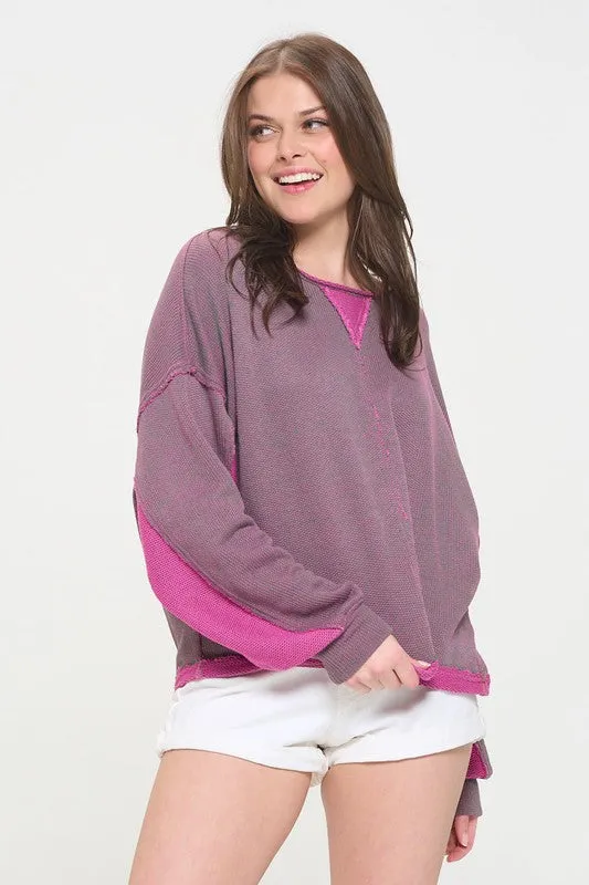 Two Tone Color Block Reversible Dolman Knit Sweater