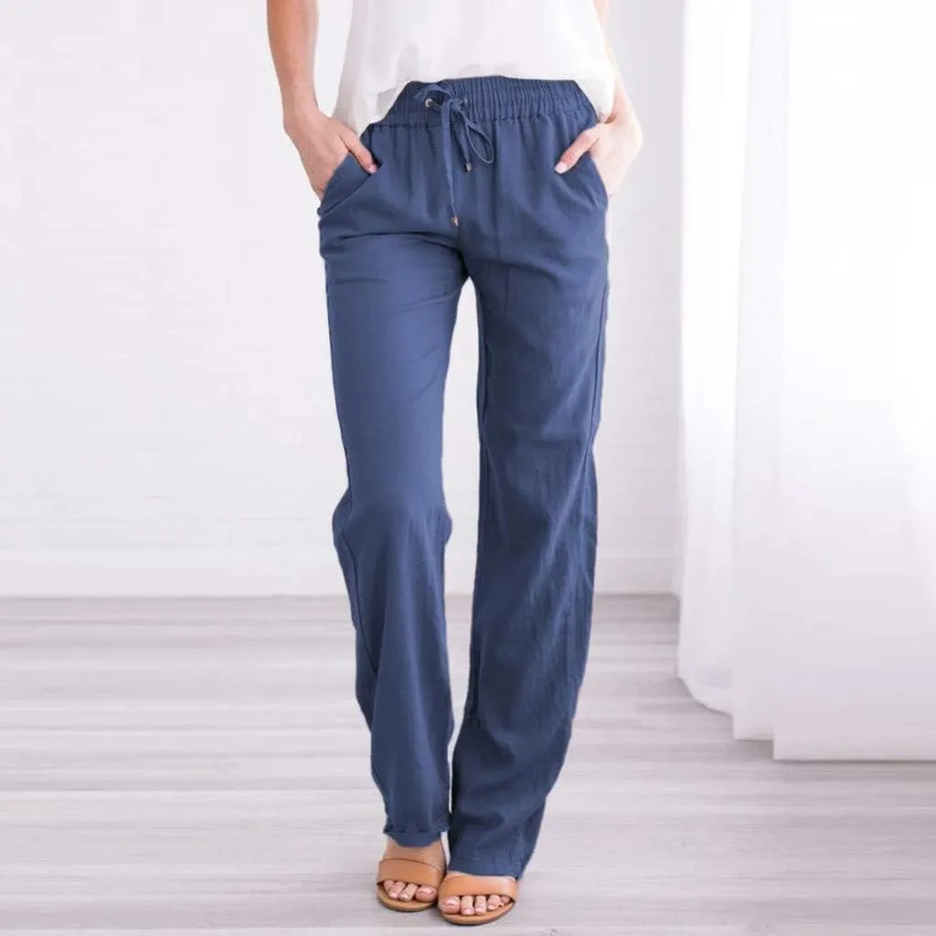 Womens Casual Linen Pants Drawstring Elastic High Waist Straight Leg Pant Lounge Trousers with Pockets Vacation Pants