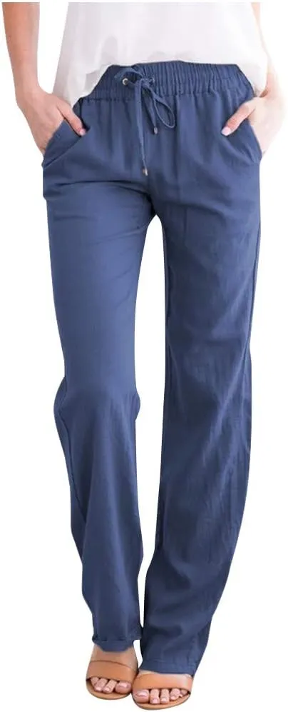 Womens Casual Linen Pants Drawstring Elastic High Waist Straight Leg Pant Lounge Trousers with Pockets Vacation Pants
