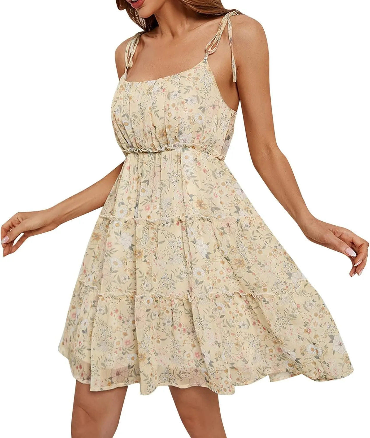 Women's Sexy Sleeveless Dress Tassel Sequin Dress Mini Dress Ruffle Hem Halter Neck Tiered Hem Beige